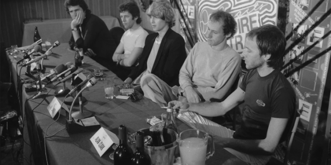 Dire Straits during their press conference at the Sebel Town House in Kings Cross, Sydney on April 6, 1981. Photo Credit: Peter Morris