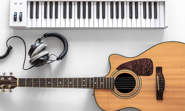Acoustic Guitar and Musical Keys on Synthesizer A Perfect Match
