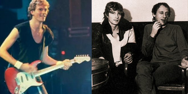 Hal Lindes and Mark Knopfler guitarists of Dire Straits rock band.