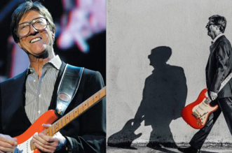 Hank Marvin performing with his famous Fiesta Red Fender Stratocaster, a major influence on Mark Knopfler and British guitar music.