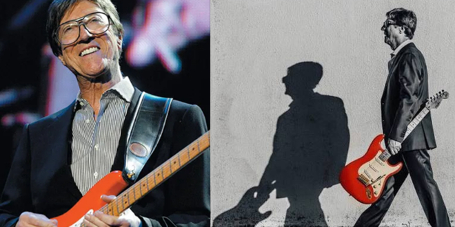 Hank Marvin performing with his famous Fiesta Red Fender Stratocaster, a major influence on Mark Knopfler and British guitar music.