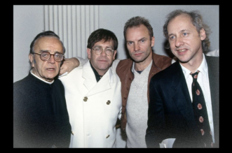 Mark Knopfler, Elton John, Sting and Larry Adler during The Glory of Gershwin recording session in London in 1994