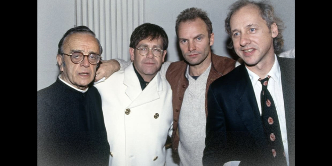 Mark Knopfler, Elton John, Sting and Larry Adler during The Glory of Gershwin recording session in London in 1994