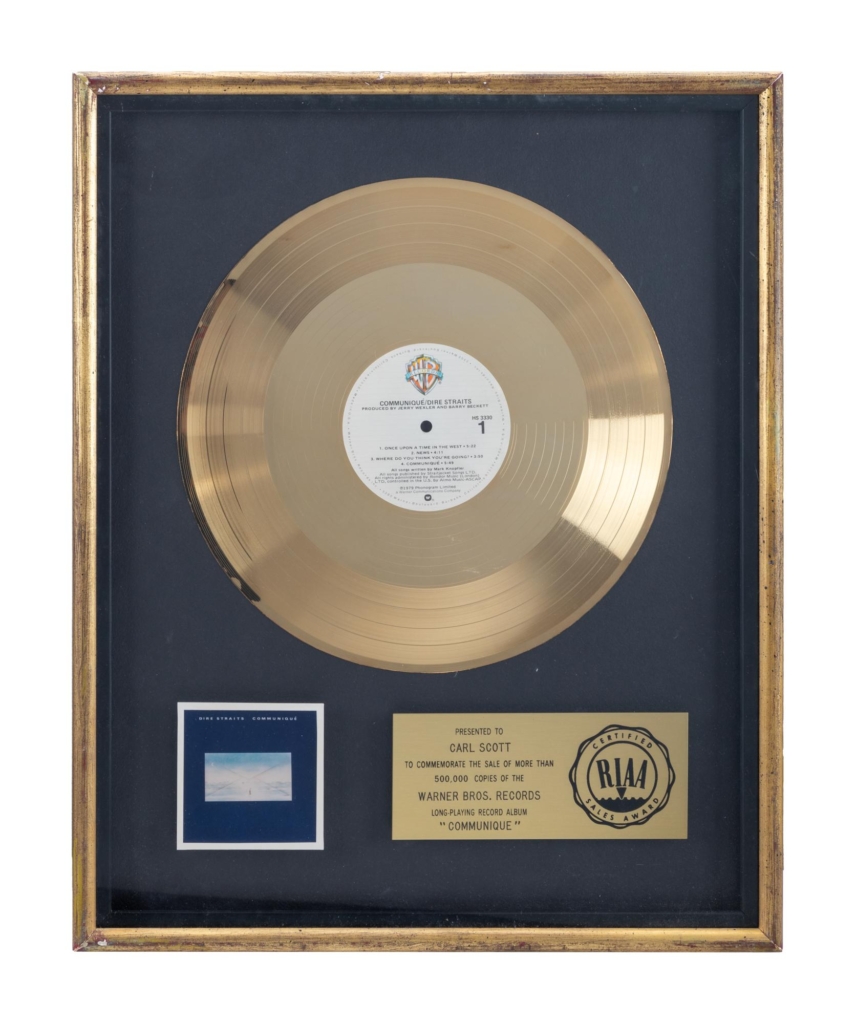 Dire Straits' first RIAA Gold award plaque for the album Communique in 1979.